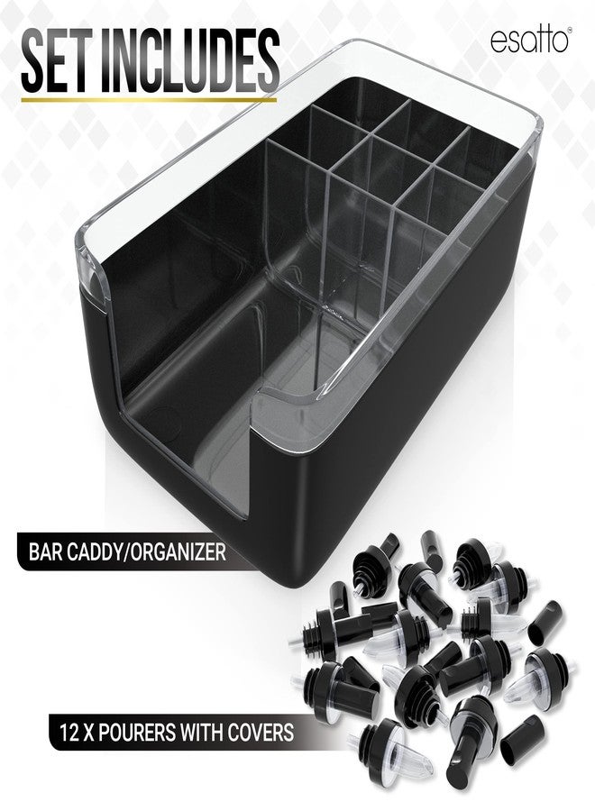 Esatto Professional Bar Products Premium Bar Caddy (Black), Used to Easily Organize Bar Items and Workspace, With Additional 12 Pourers For Precision Pouring and 12 Pourer Covers - Image 2